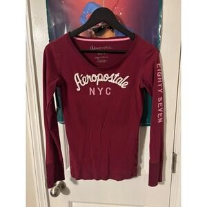 Aeropostale Womens Graphic Long Sleeve Tee Maroon Burgundy Y2K Logo Size Medium